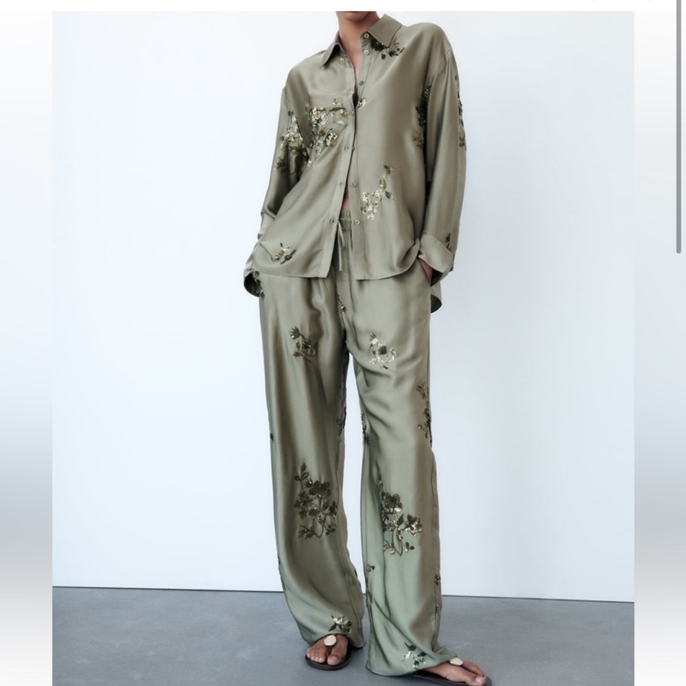 Zara set sequin satin effect shirt and pants